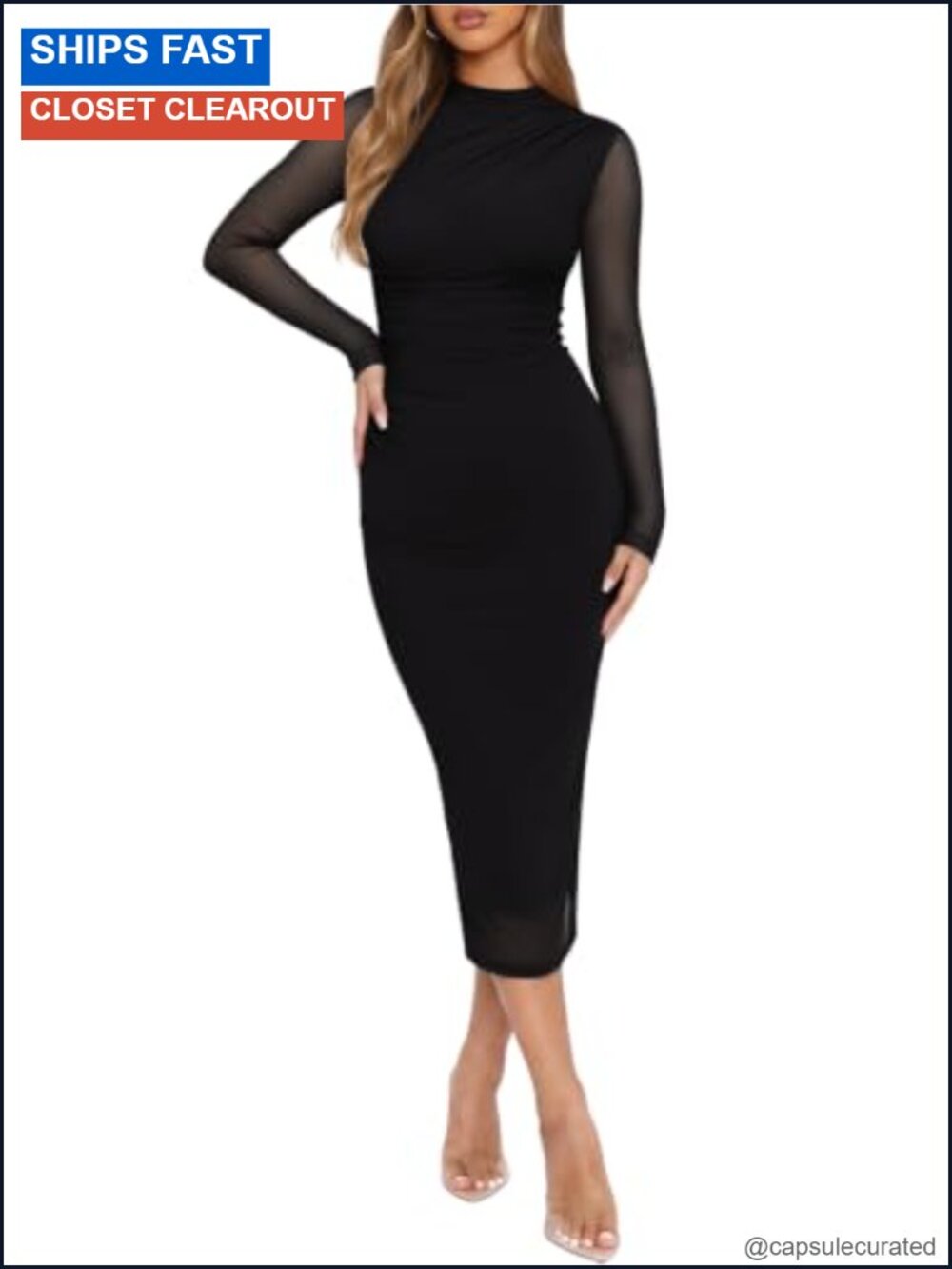 REORIA Mesh Sheer Long Sleeve Bodycon Midi Wedding Guest Dress